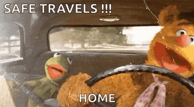 Kermit The Frog And Muppet Fozzie Bear Are Driving A Car With The Words Safe Travels !!! Home Below Them GIF