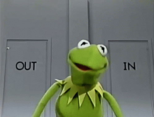 Kermit The Frog And Sesame Street Characters Standing In Front Of A Door That Says Out GIF
