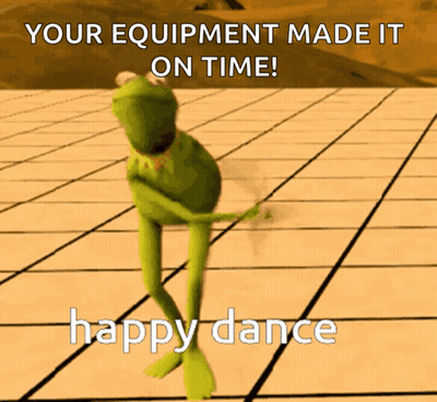 Kermit The Frog Dancing With The Words " Your Equipment Made It On Time " GIF