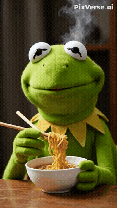 Kermit The Frog Eating Noodles With Chopsticks From A Bowl GIF