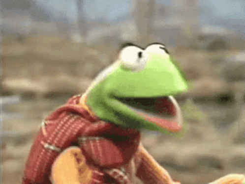 Kermit The Frog From The Muppet Show Is Sitting On A Rock With His Mouth Wide Open . GIF
