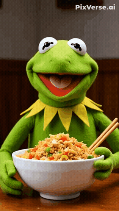 Kermit The Frog Holding A Bowl Of Rice And Chopsticks GIF