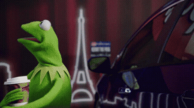 Kermit The Frog Holding Coffee In Front Of Purple Car GIF