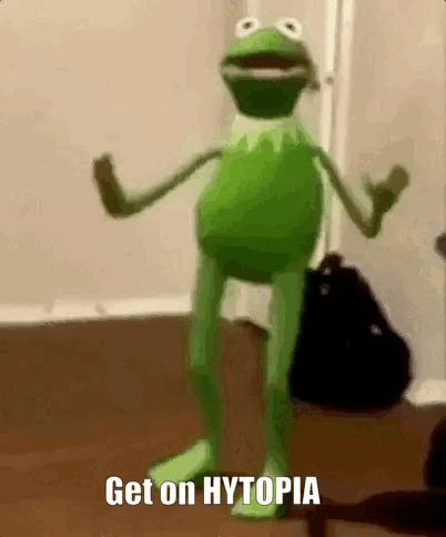 Kermit The Frog Is Dancing In A Room With The Words Get On Hytopia On The Bottom GIF