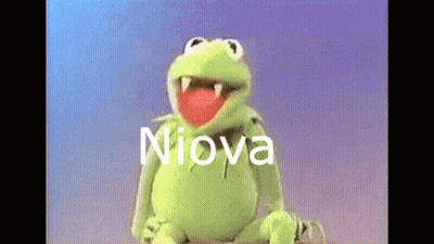 Kermit The Frog Is Sitting Down With His Tongue Out And The Word Niova Is Written On The Screen Behind Him . GIF