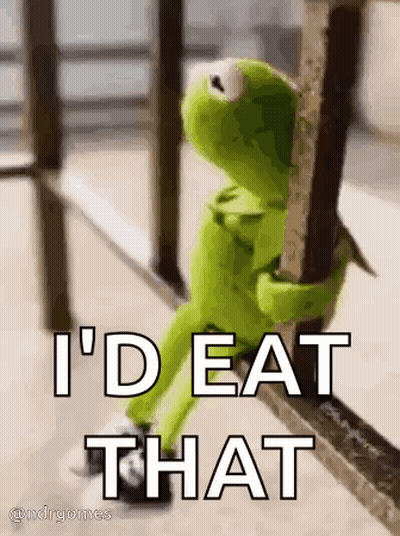 Kermit The Frog Is Sitting On A Railing Holding A Railing And Says `` I 'D Eat That '' . GIF