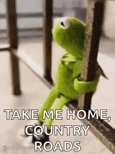 Kermit The Frog Is Sitting On A Railing Holding Onto A Railing And Saying `` Take Me Home Country Roads '' . GIF