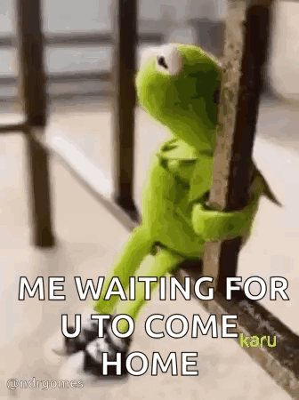 Kermit The Frog Is Sitting On A Railing Holding Onto A Railing . GIF