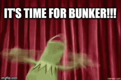 Kermit The Frog Is Standing In Front Of A Red Curtain And Saying `` It 'S Time For Bunker !! '' GIF