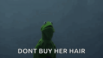 Kermit The Frog Is Standing Next To A Grim Reaper With The Words `` Dont Buy Her Hair '' Written On It . GIF