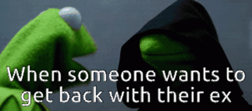 Kermit The Frog Is Wearing A Black Hood And Has The Words When Someone Wants To Get Back With Their Ex Written Below Him GIF