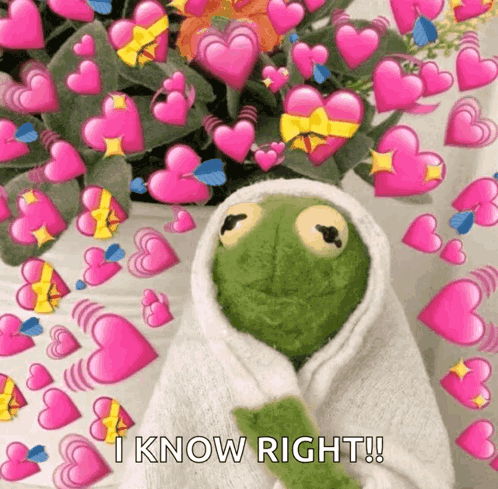 Kermit The Frog Is Wrapped In A Towel And Surrounded By Pink Hearts GIF