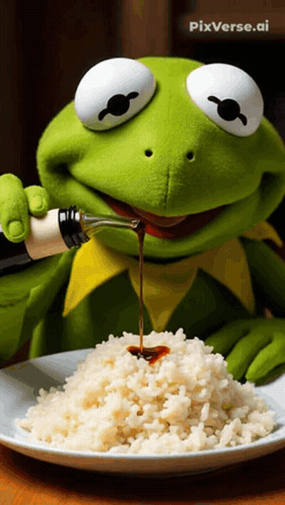 Kermit The Frog Pouring Sauce Over Rice GIF