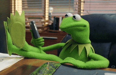 Kermit The Frog Sitting At Desk Holding Cellphone GIF