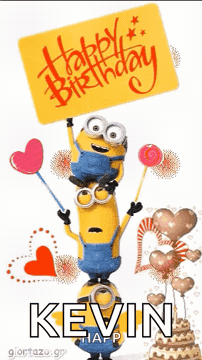 Kevin Birthday Card With Minions Holding Balloons And Lollipops GIF