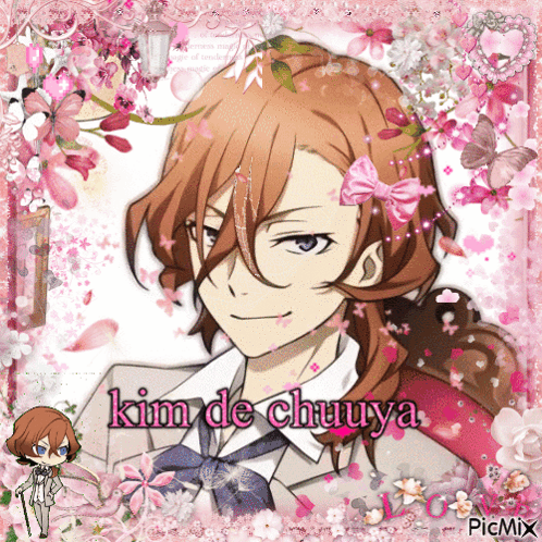 Kim De Chuuya Surrounded By Pink Flowers And Butterflies GIF
