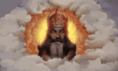 King With Beard And Crown Surrounded By Clouds And Fire GIF