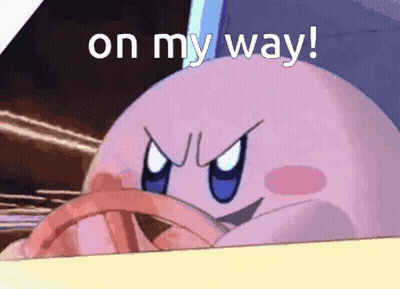Kirby Is Driving A Car With The Words On My Way Written Above Him GIF