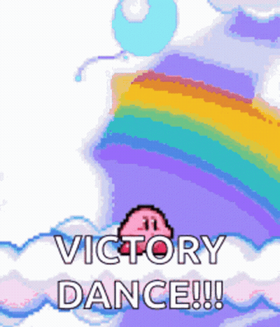 Kirby Is Flying Through The Air With A Rainbow In The Background And The Words `` Victory Dance !!! '' GIF
