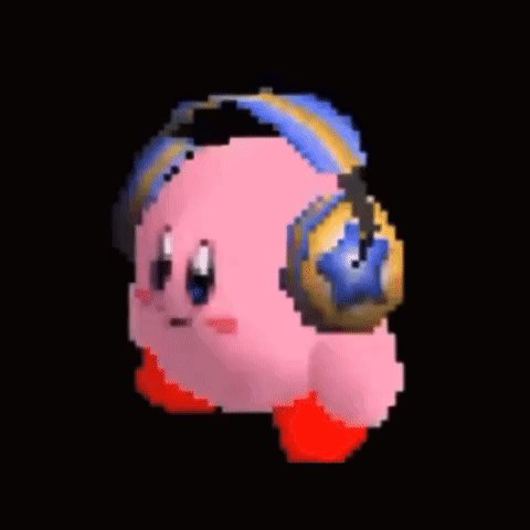 Kirby Is Wearing Headphones On A Black Background And Dancing . GIF