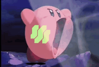 Kirby Pink Cartoon Character With Big Mouth And Green Emblem GIF