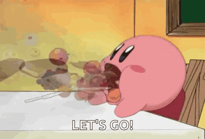 Kirby Sitting at Table Eating Grapes
