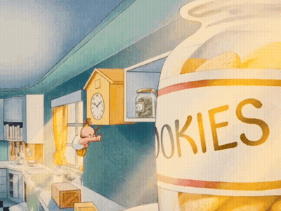 Kitchen Cartoon With Clock And Cookies GIF