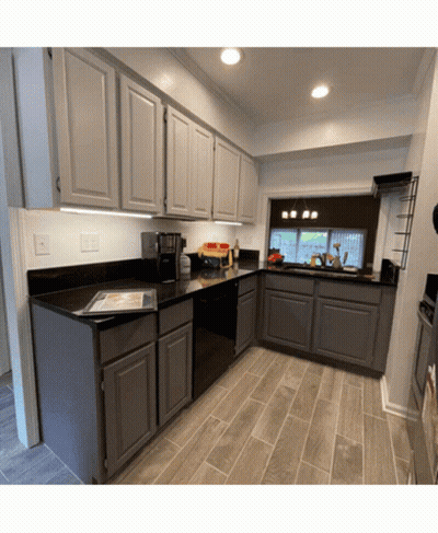 Kitchen Gray Cabinets Black Counters GIF