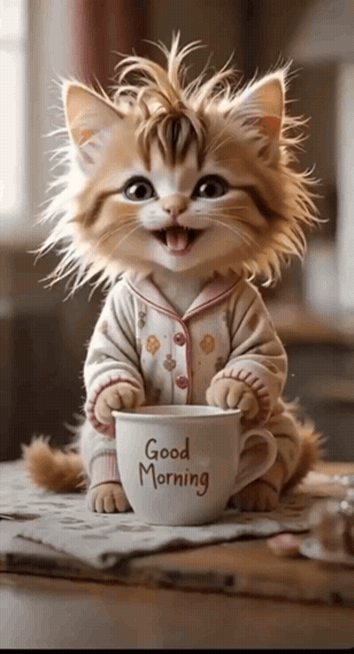 Kitten Holding Cup Saying Good Morning GIF