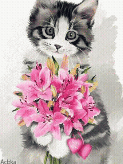 Kitten Holding Pink Flowers GIF