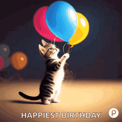 Kitten Holding Three Balloons Happiest Birthday GIF