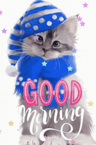 Kitten In Blue Hat And Scarf Saying Good Morning GIF