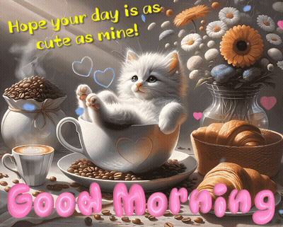 Kitten In Coffee Cup Saying Hope Your Day Is As Cute As Mine GIF