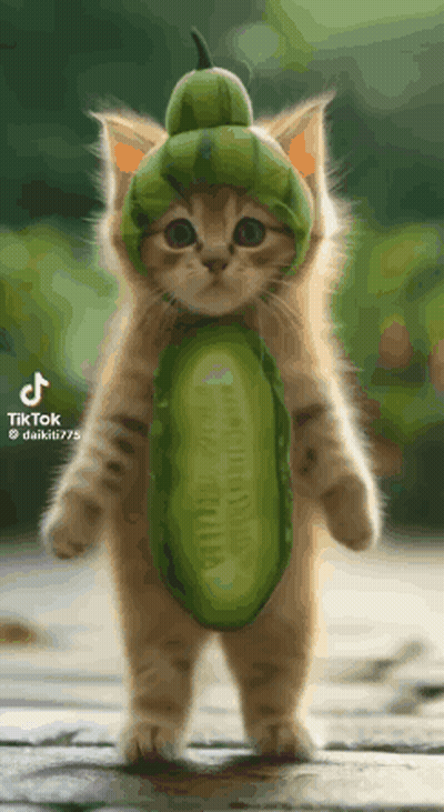 Kitten In Cucumber Costume Standing On Wood GIF