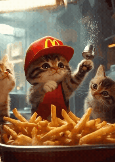 Kitten In McDonald's Hat Holding Salt GIF