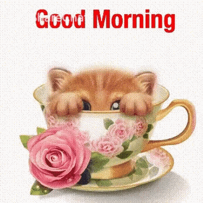 Kitten Peeking Out Of Tea Cup With Roses Saying Good Morning GIF