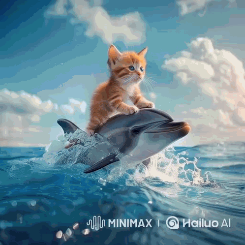 Kitten Riding Dolphin in Ocean