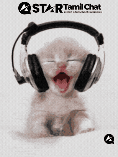 Kitten Wearing Headphones With Star Tamil Chat Logo GIF