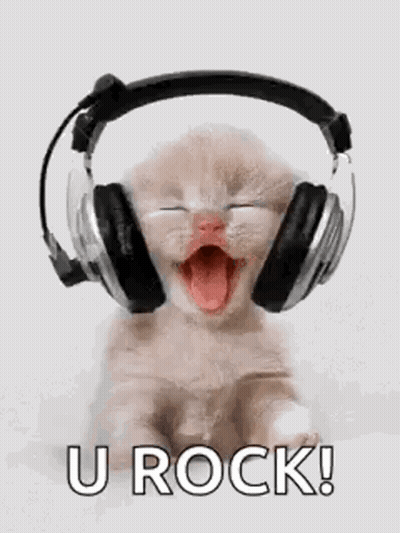 Kitten With Headphones Saying U Rock GIF