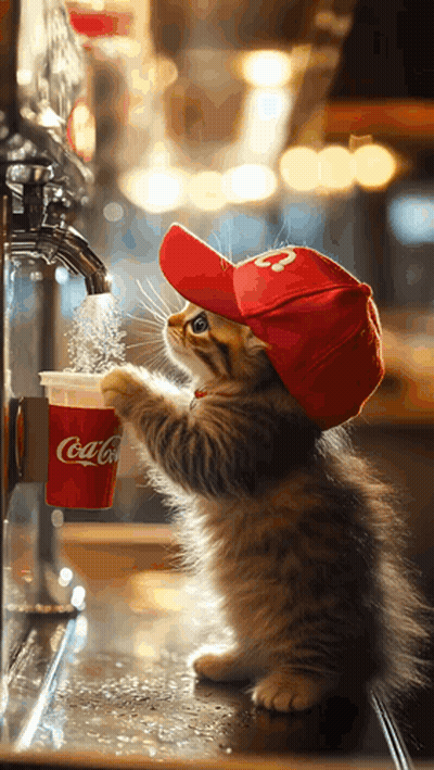 Kitten With Red Hat Drinking From Coca-Cola Cup GIF