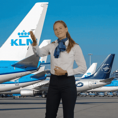 KLM Flight Attendant Standing In Front Of Planes GIF