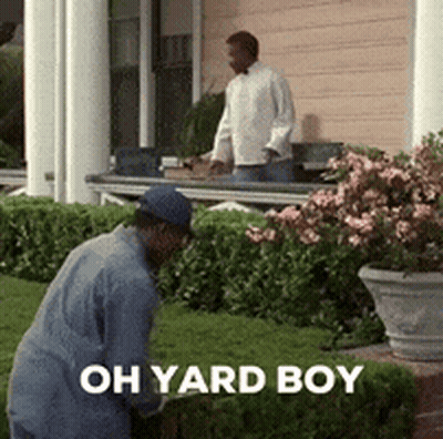 Kneeling Man In Front Of House With Oh Yard Boy GIF