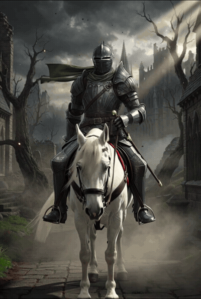 Knight Riding White Horse With Castle GIF