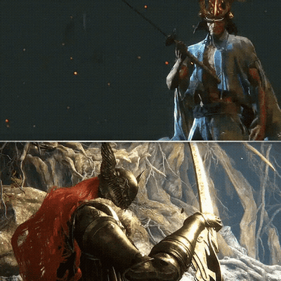 Knight With Sword And Samurai Holding Spear GIF