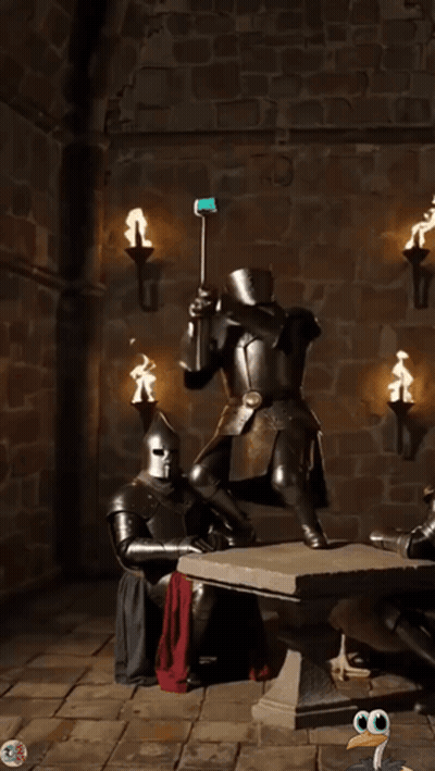 Knights Gathered Around Table With Knight Holding Flag GIF