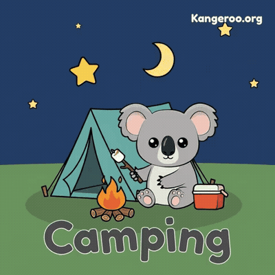 Koala Roasting Marshmallows By Tent And Campfire GIF