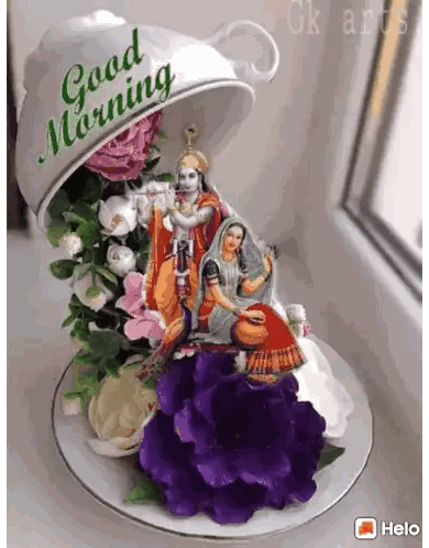 Krishna And Radha In Cup Saying Good Morning Sticker