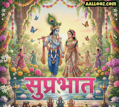 Krishna And Radha With Flowers And Butterflies GIF