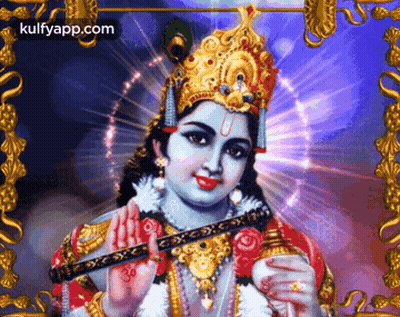 Krishna Playing Flute With Gold Frame GIF