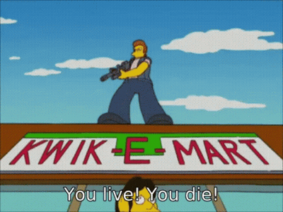 Kwik-E-Mart Sign With Man Holding Gun GIF